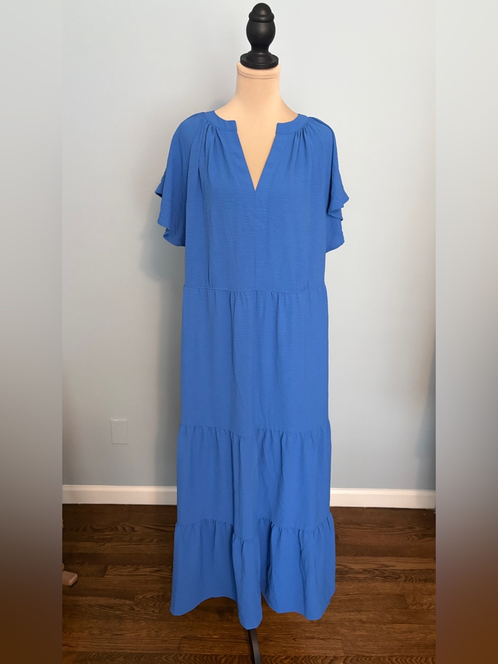 Blue Flutter Sleeve Tiered Maxi Dress -  Elegant Summer Style
